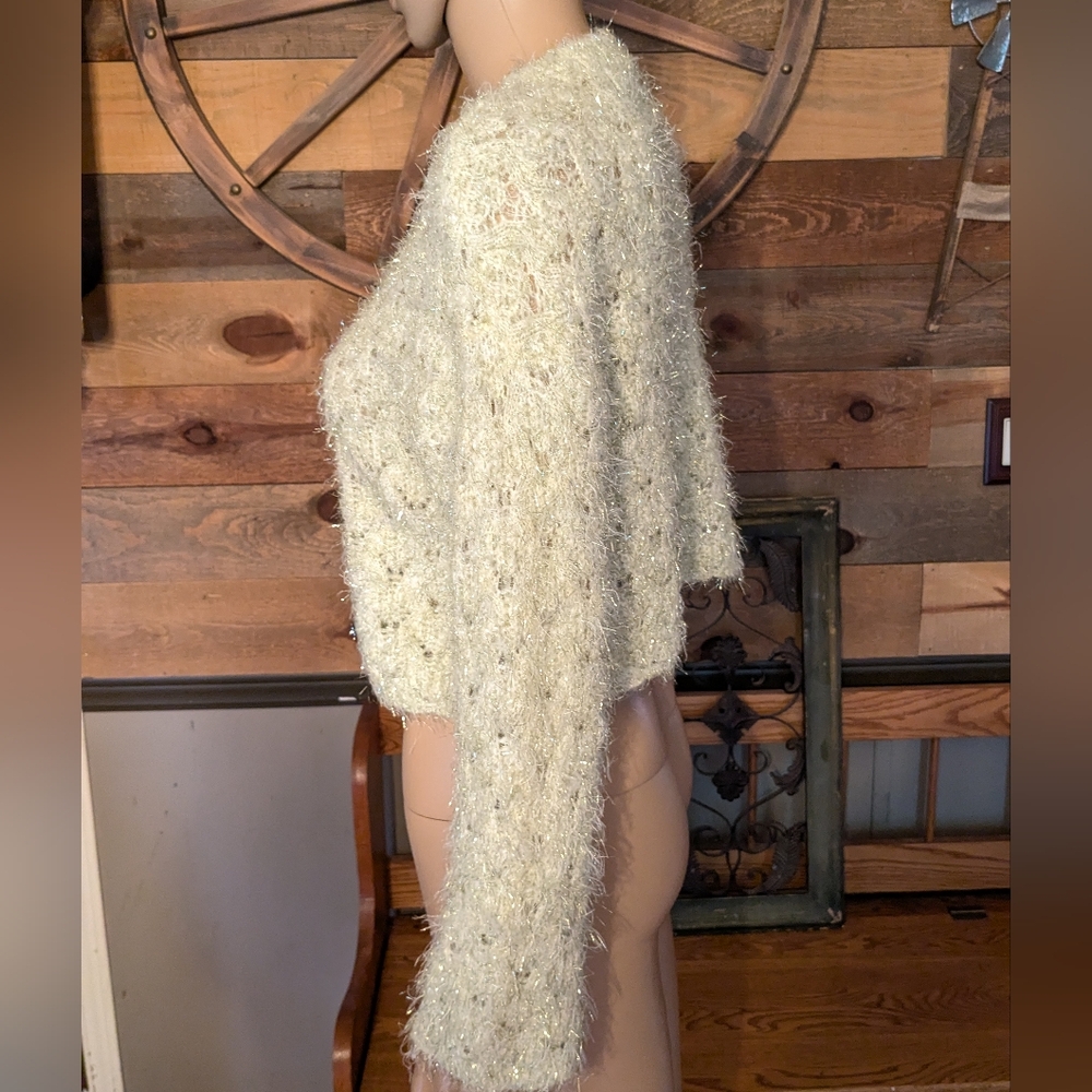 Zara Pale Green w/ Yellow & Black Metallic Threads Cropped Sweater - Picture 4 of 13